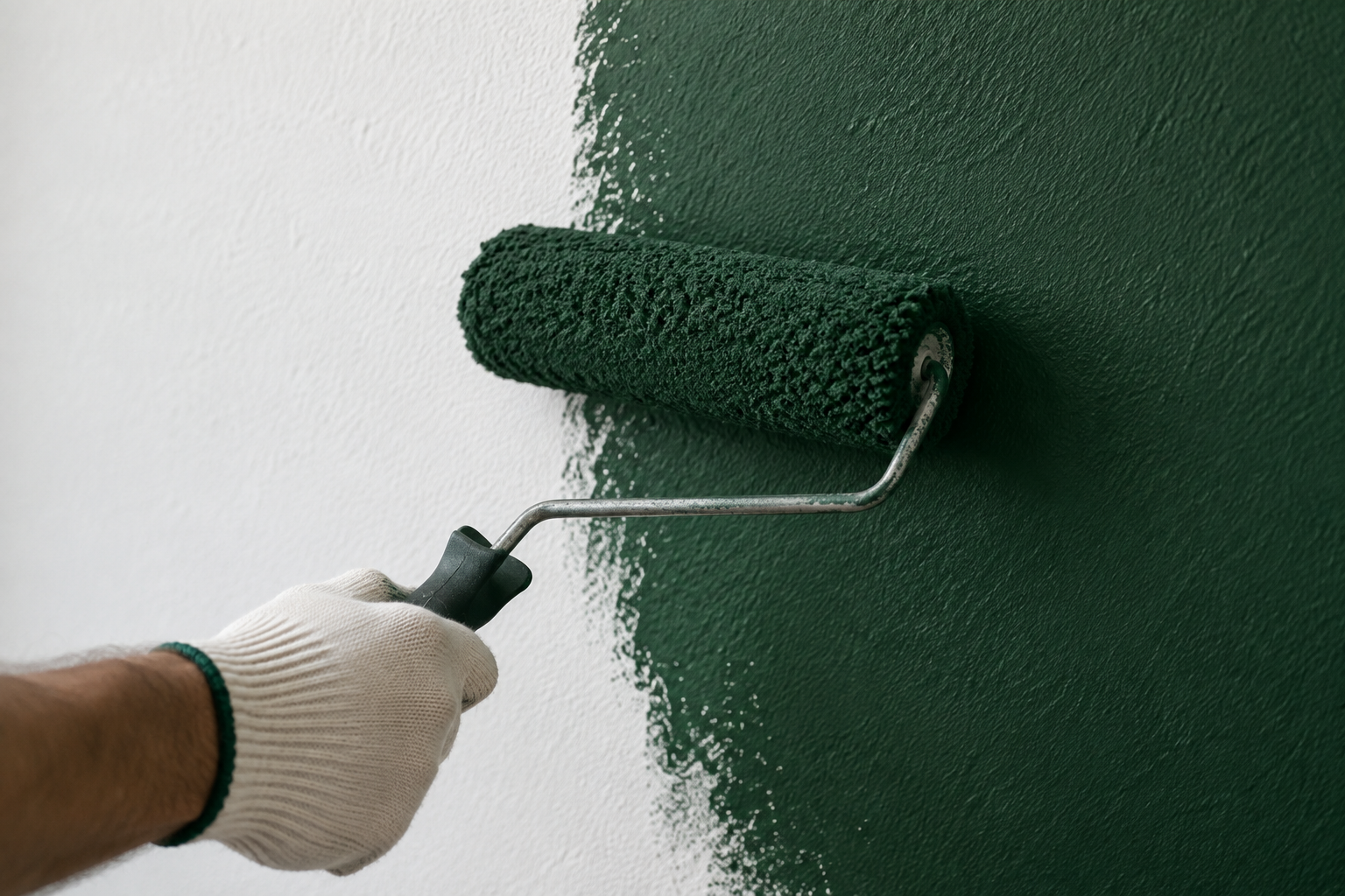 A roller applying deep green paint to a wall, showing the texture of a fresh finish